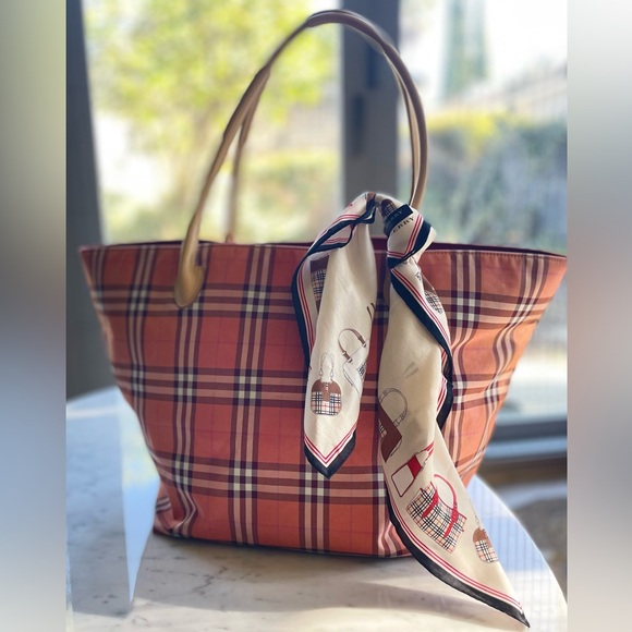 Burberry Scarf w/pattern of Burberry Bags, white/red/black, EUC - Picture 11 of 11
